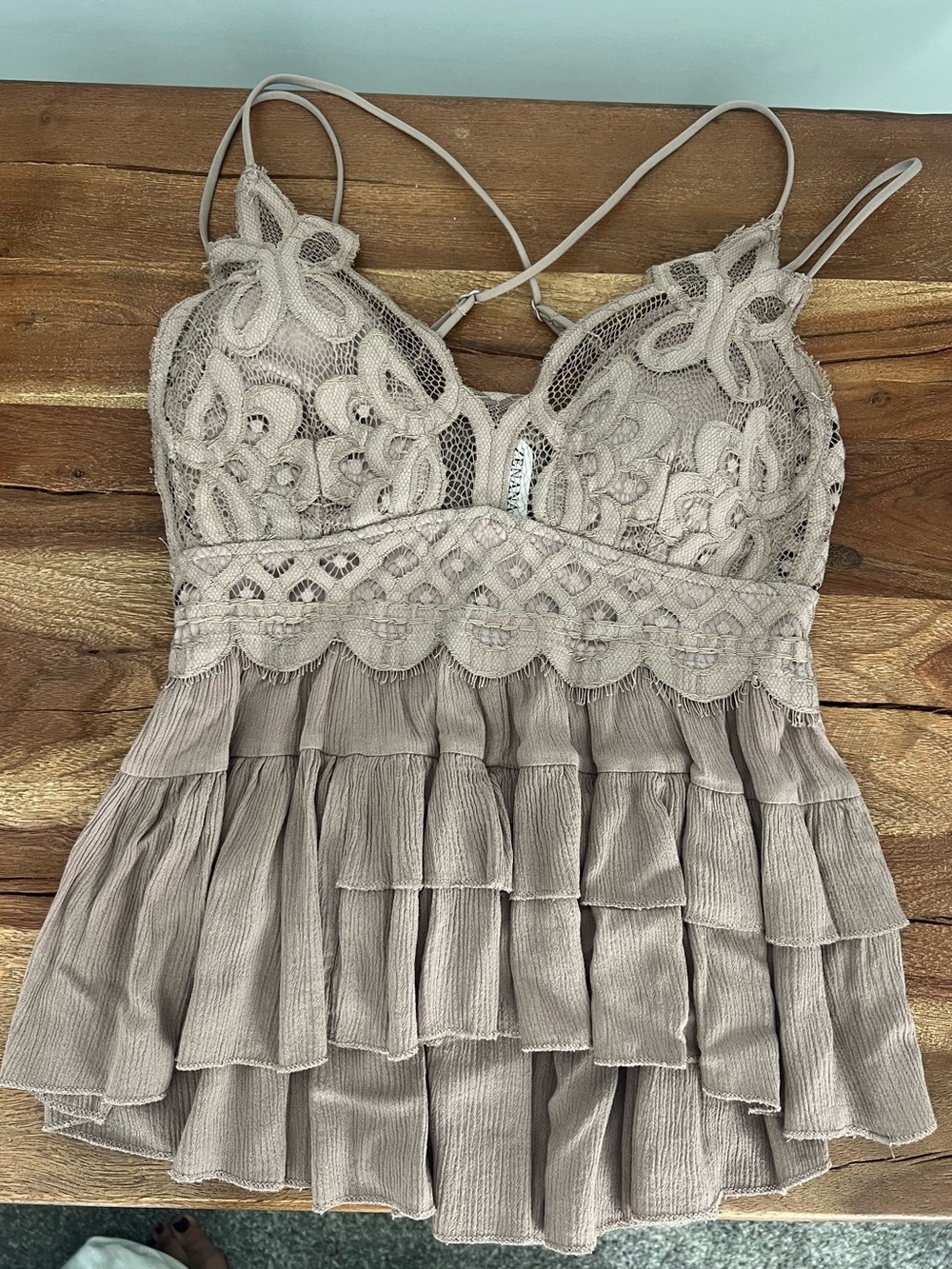 Zenana Outfitters Lace Crochet Tiered Cami Top in Taupe